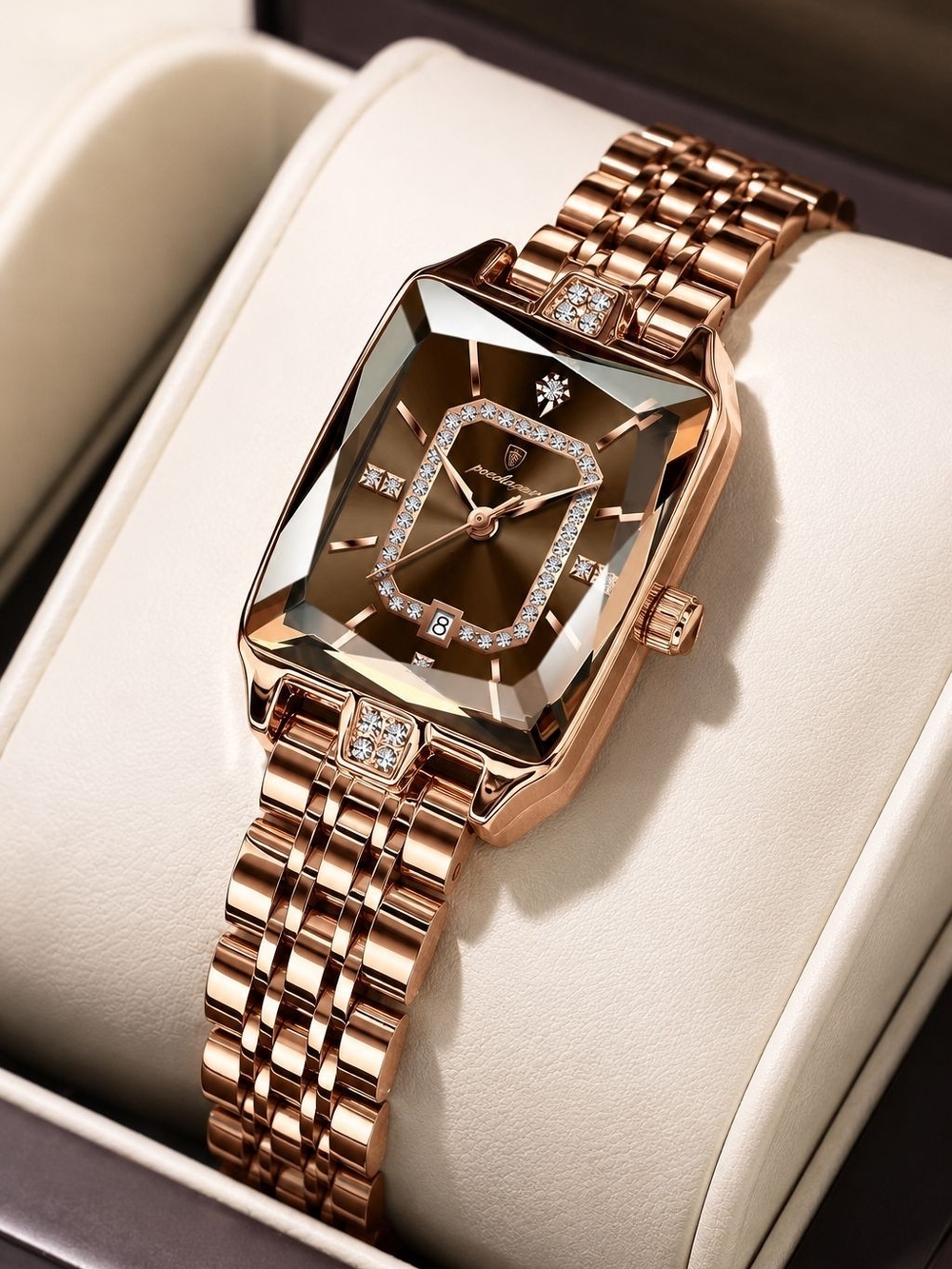 Rose Gold Crystal-Embellished Square Watch